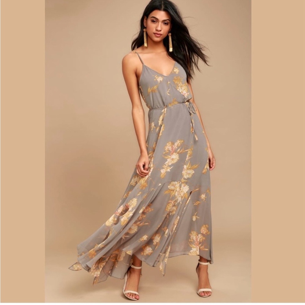 Lulus Gray Floral Maxi Dress Size M V Neck Slit Wedding Guest Formal